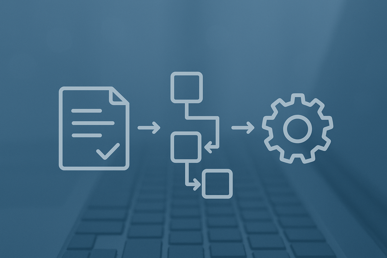 Process flow: document with checkmark to boxes, then to gear icon.