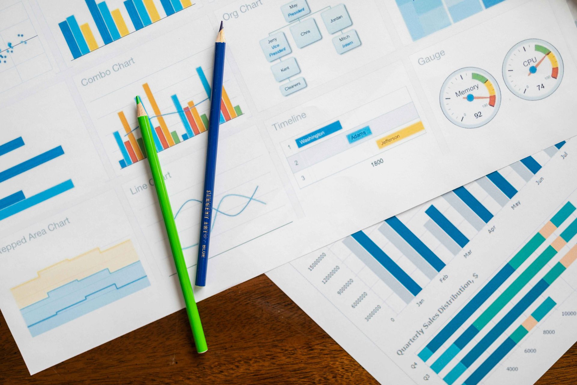 Graphs and charts printed on paper, with green and blue pencils resting on them.