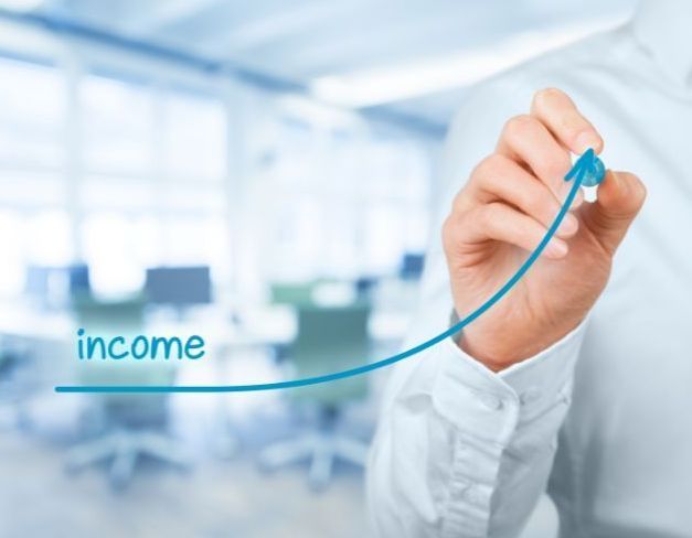 A person is drawing a graph with the word income on it.
