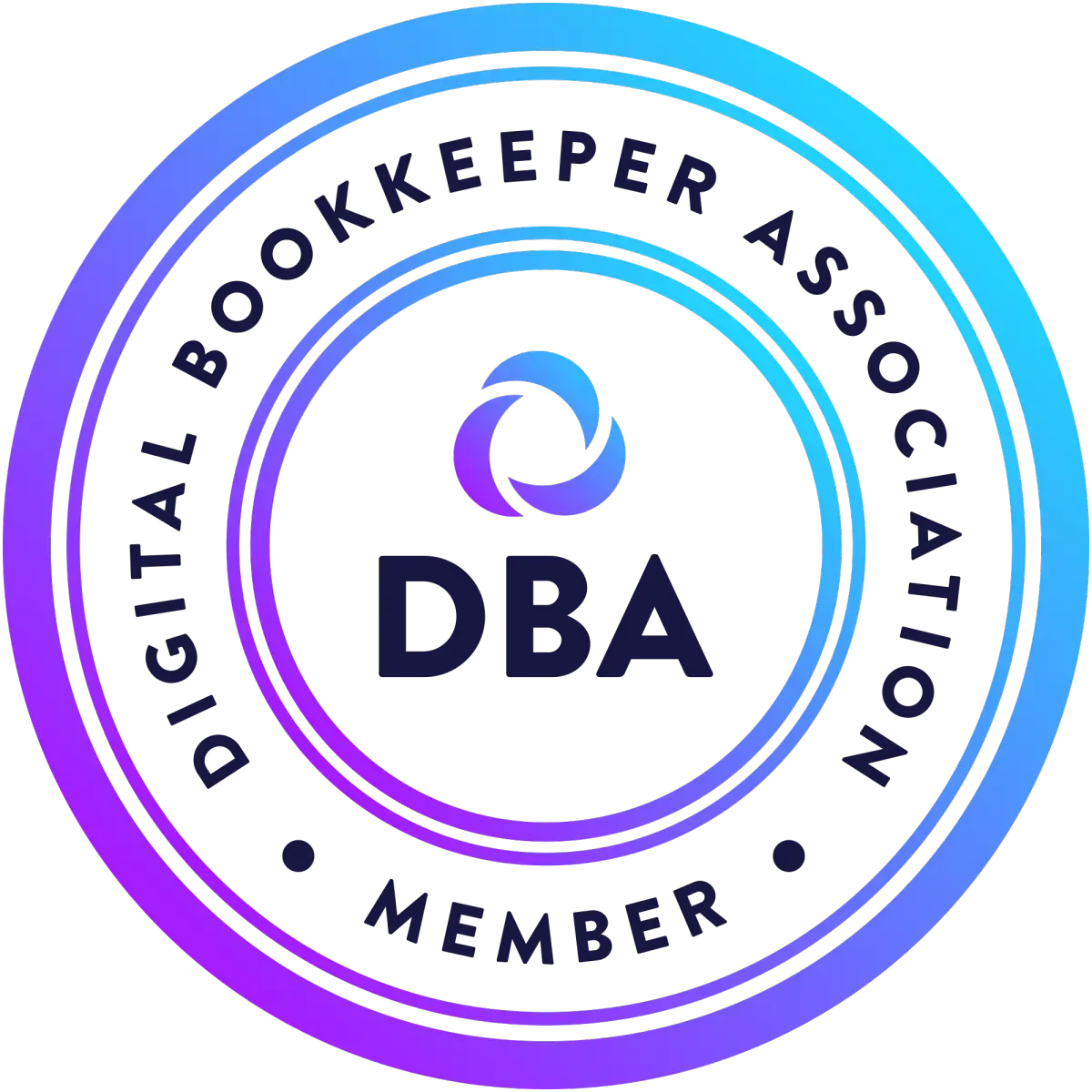 A digital bookkeeper association member seal with a blue and purple gradient.