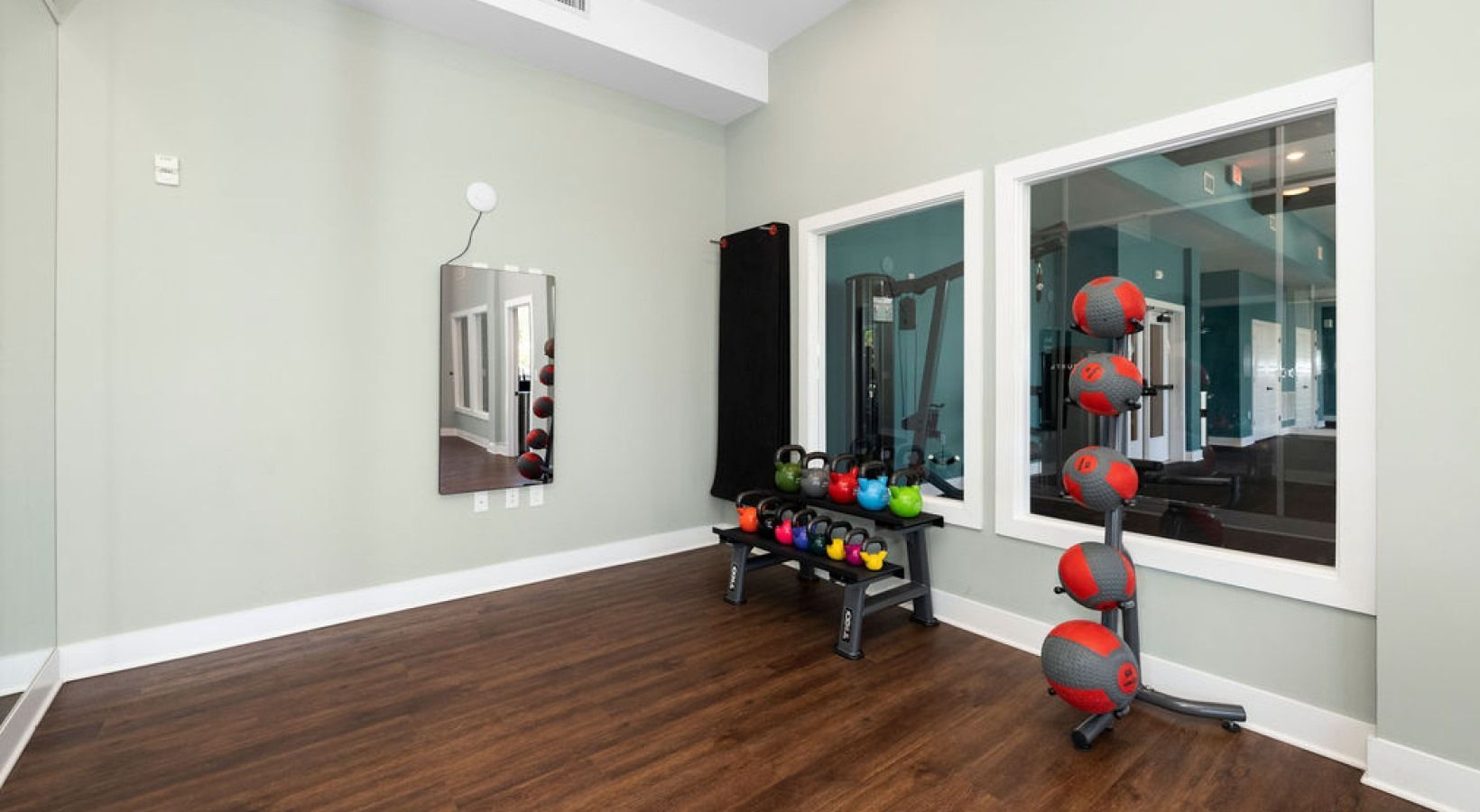 Gym with wood floor, weights, mirrored wall, and wall-mounted storage for equipment. We invite you to visit 1001 Tyvola and take a tour of our apartments with a fitness center in Mecklenburg County.