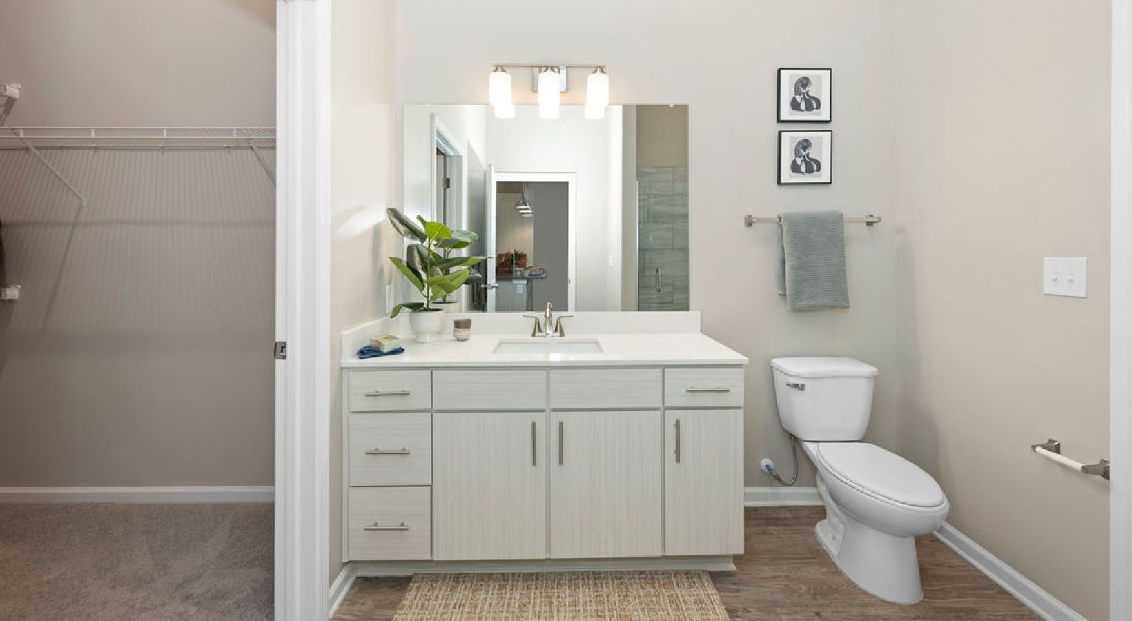 Bathroom with white vanity, toilet, mirror, neutral walls. Open doorway reveals closet. We invite you to visit 1001 Tyvola and take a tour of our apartments near Huntingtowne Farms Park.