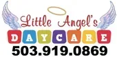 Logo for Little Angel's Daycare with colorful blocks, wings, halo, and phone number.