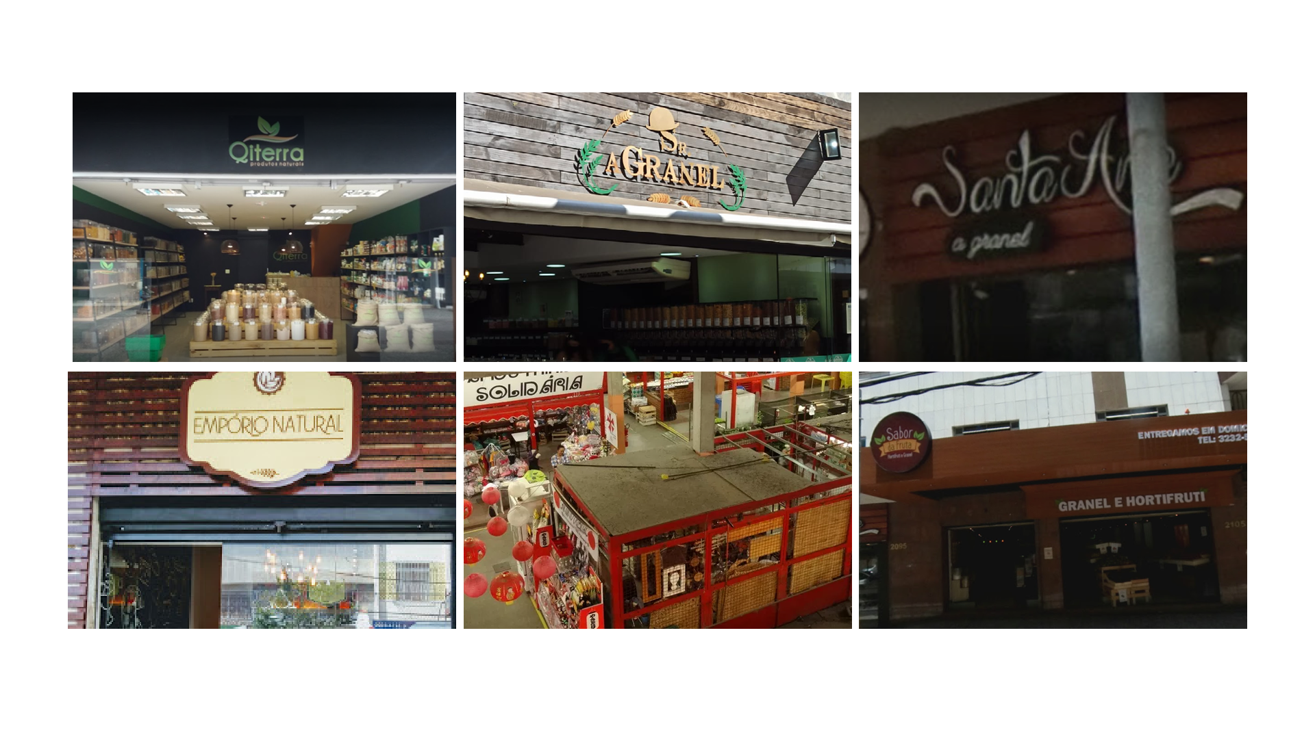 Uma colagem de fotos de diferentes lojas, incluindo uma padaria e um restaurante.