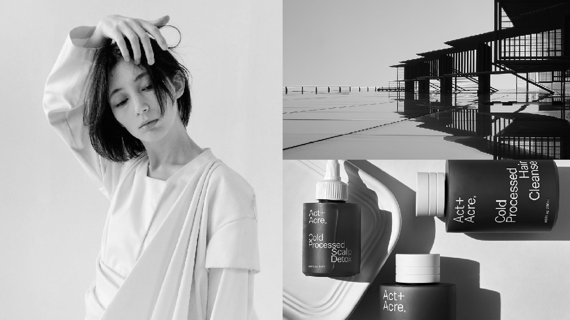 Uma mulher de vestido branco está segurando o cabelo em uma foto em preto e branco.