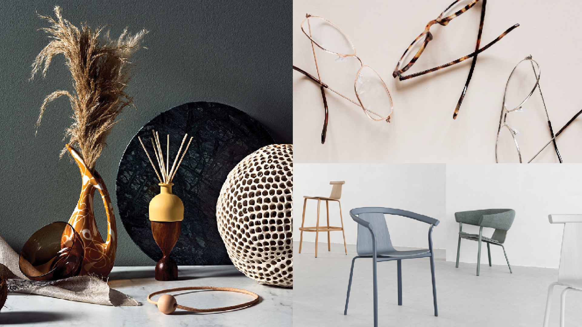 Uma colagem de vários objetos, incluindo cadeiras e vasos