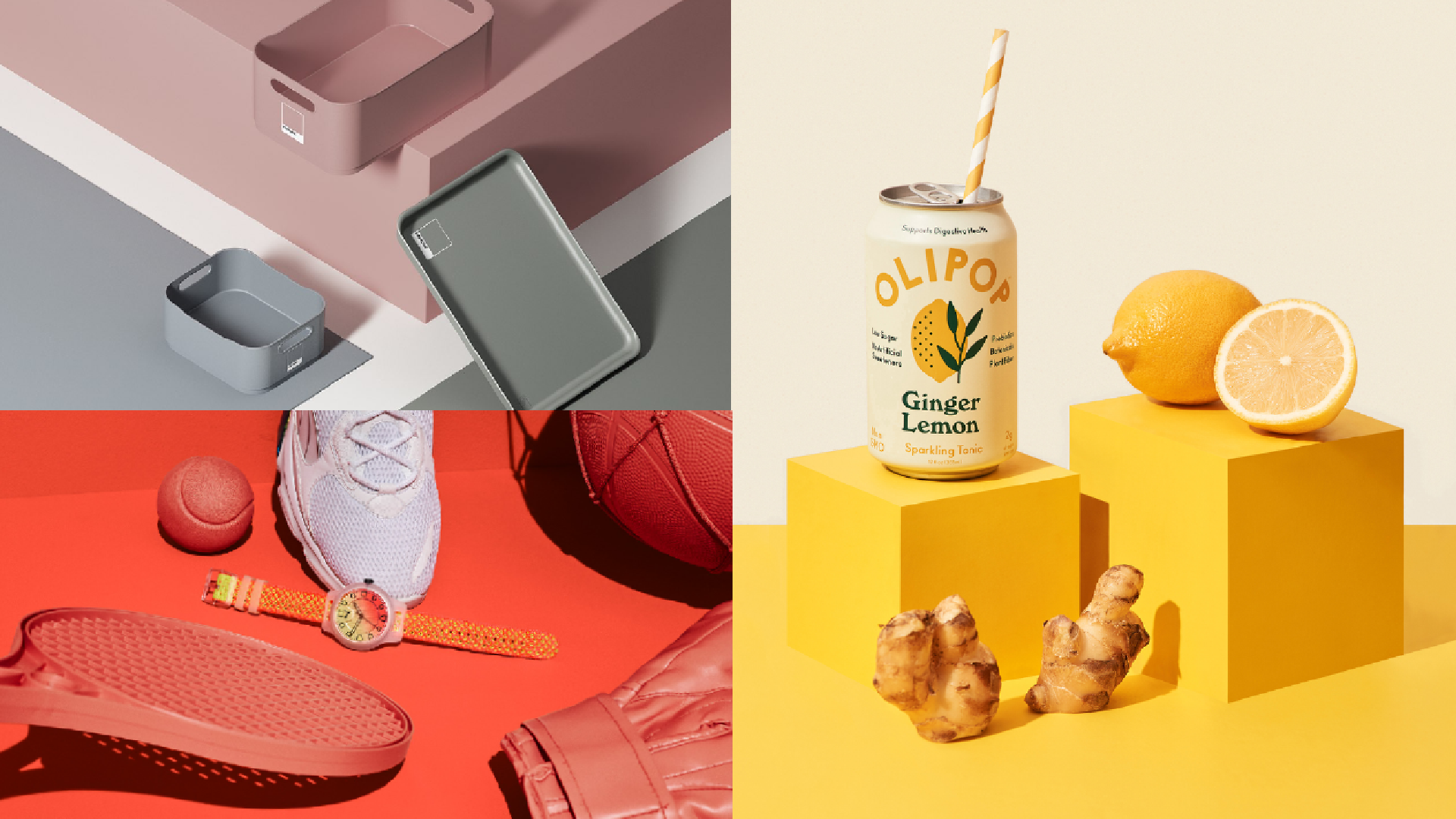 Uma colagem de quatro fotos de objetos diferentes em um fundo amarelo.