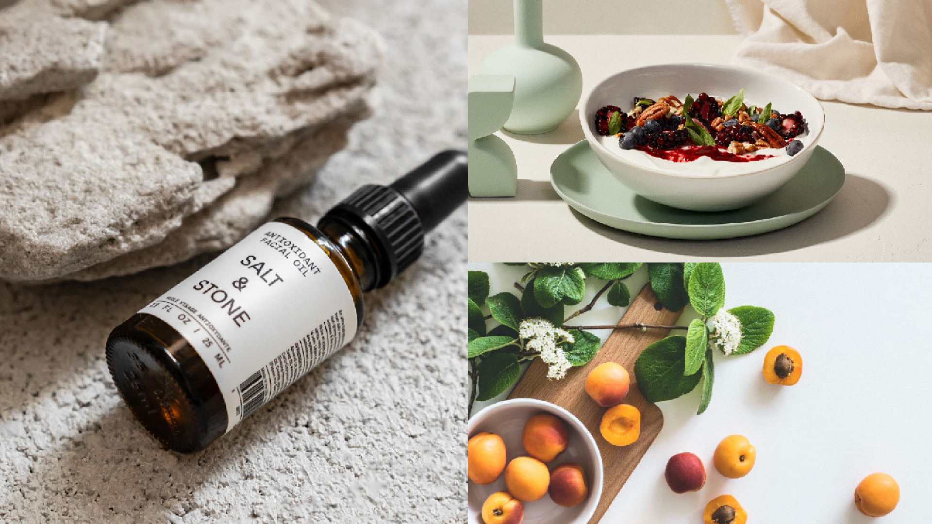 Um frasco de óleo essencial está sobre uma mesa ao lado de uma tigela de comida.