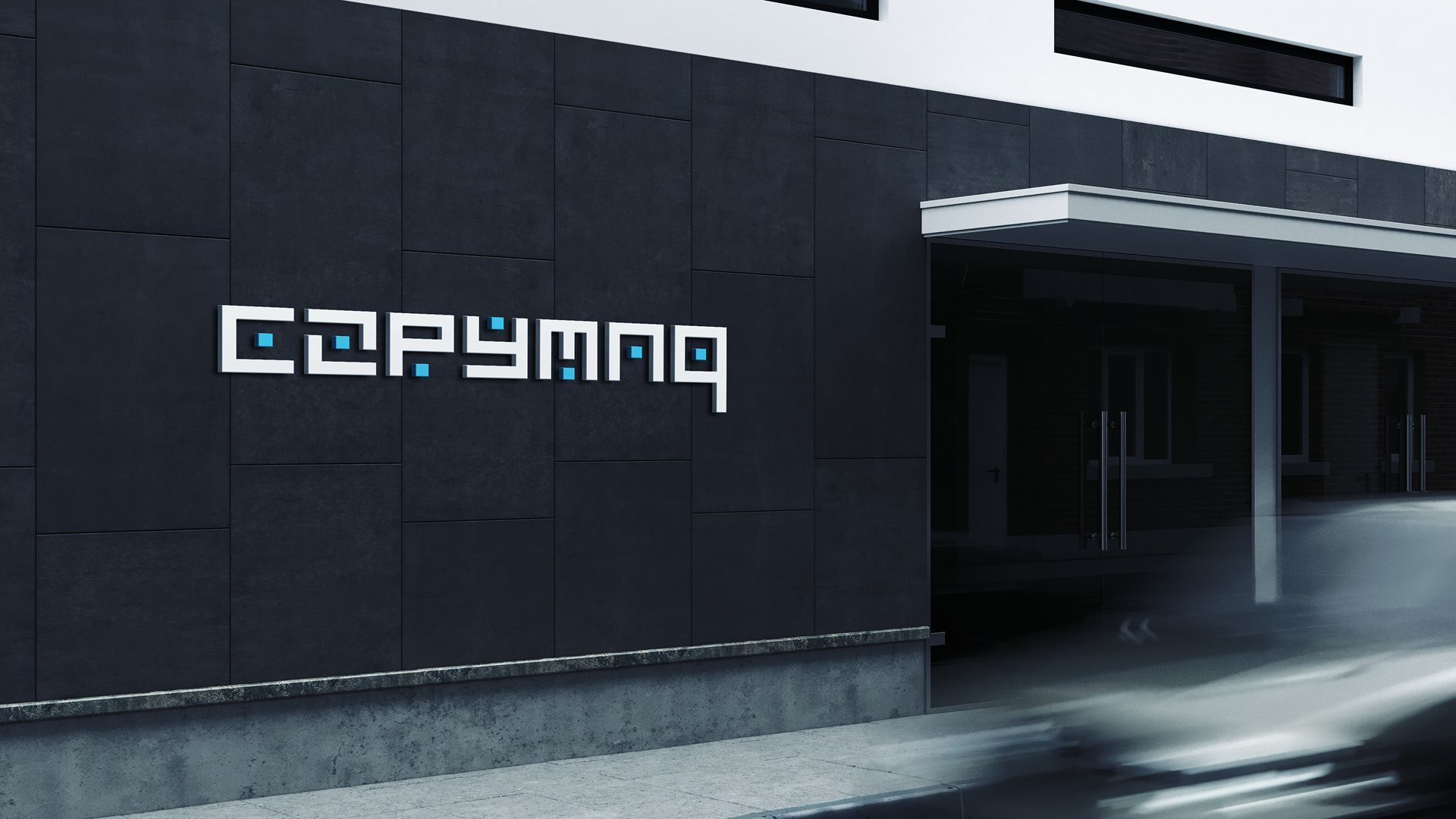 Logotipo da CopyMng no exterior de um prédio escuro. O prédio tem uma entrada rebaixada e um carro desfocado.