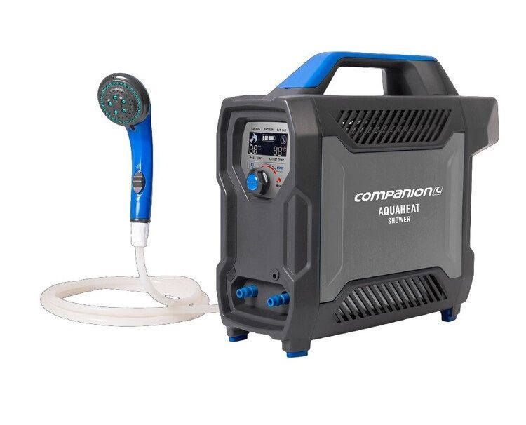 Companion portable camping hot water shower unit in dark gray and blue with a matching handheld shower head and hose.