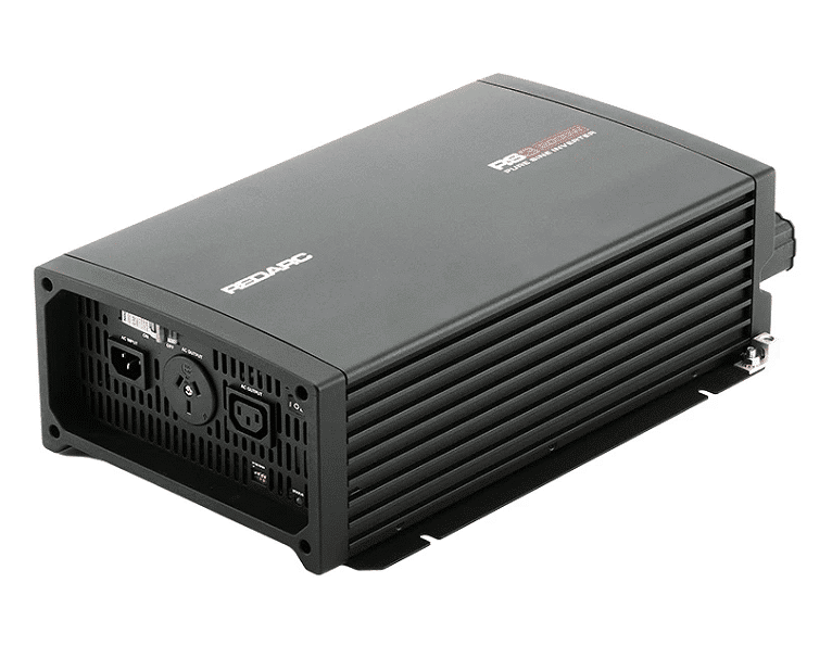 Black REDARC power inverter with a metal-finned casing and AC outlet ports on the front panel.