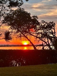 A sunset over a body of water with trees in the foreground.