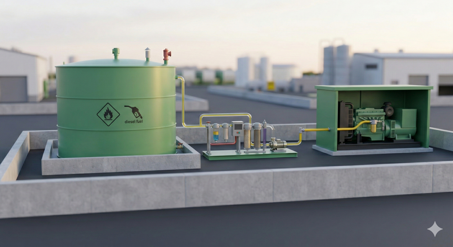 Green industrial tank and machinery outdoors with a warning sign and other structures in the background.