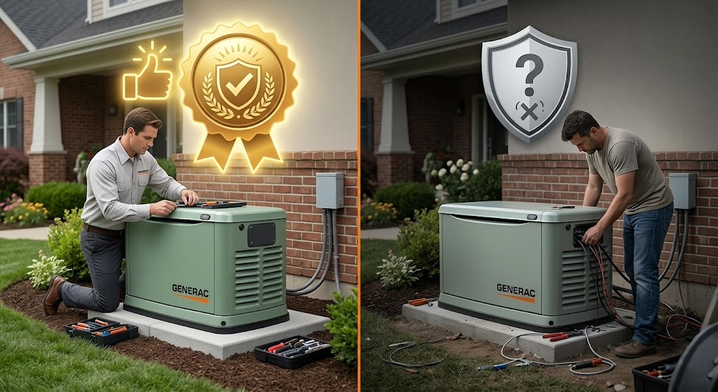 Side-by-side comparison of two HVAC repairs: one with a gold badge, one with a shield icon