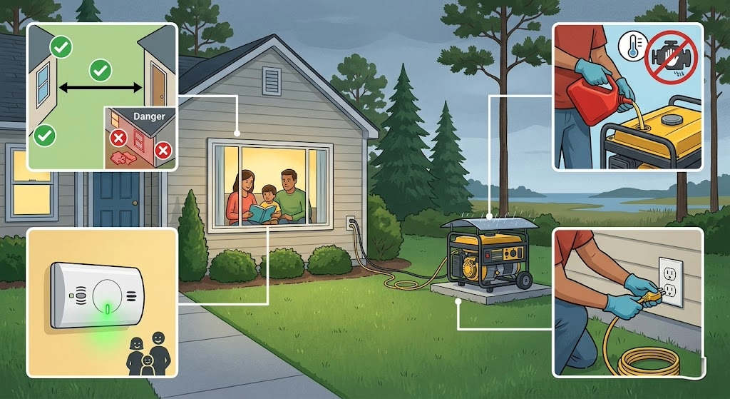 Home energy safety checklist with a house, smart plug, and warning icons about electrical hazards