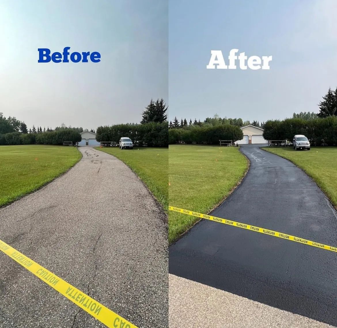 Before and after comparison of a paved path: dull, worn asphalt transforms to a fresh, dark surface after sealing.