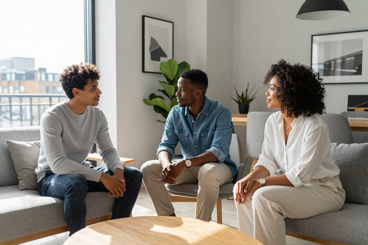 A diverse group of people relaxing in a bright London flat