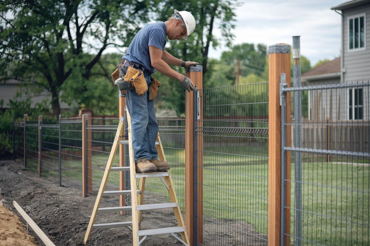 A man is standing on a ladder working on a fence.