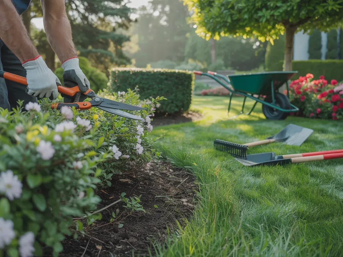 Person trimming bushes in a garden. Wheelbarrow, rake, and shovel on the green lawn.