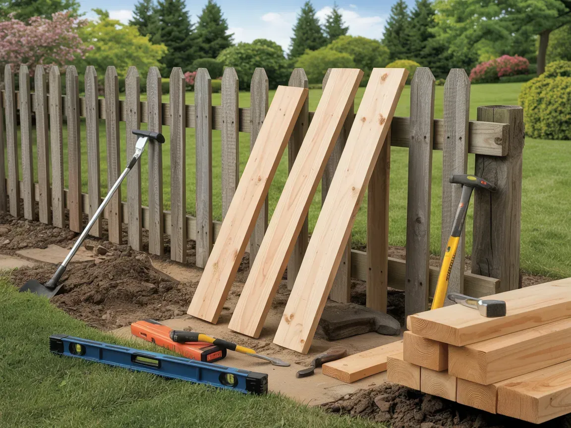 Lumber and tools rest against a fence, preparing for repair. Level, hammer, and shovel lay nearby.