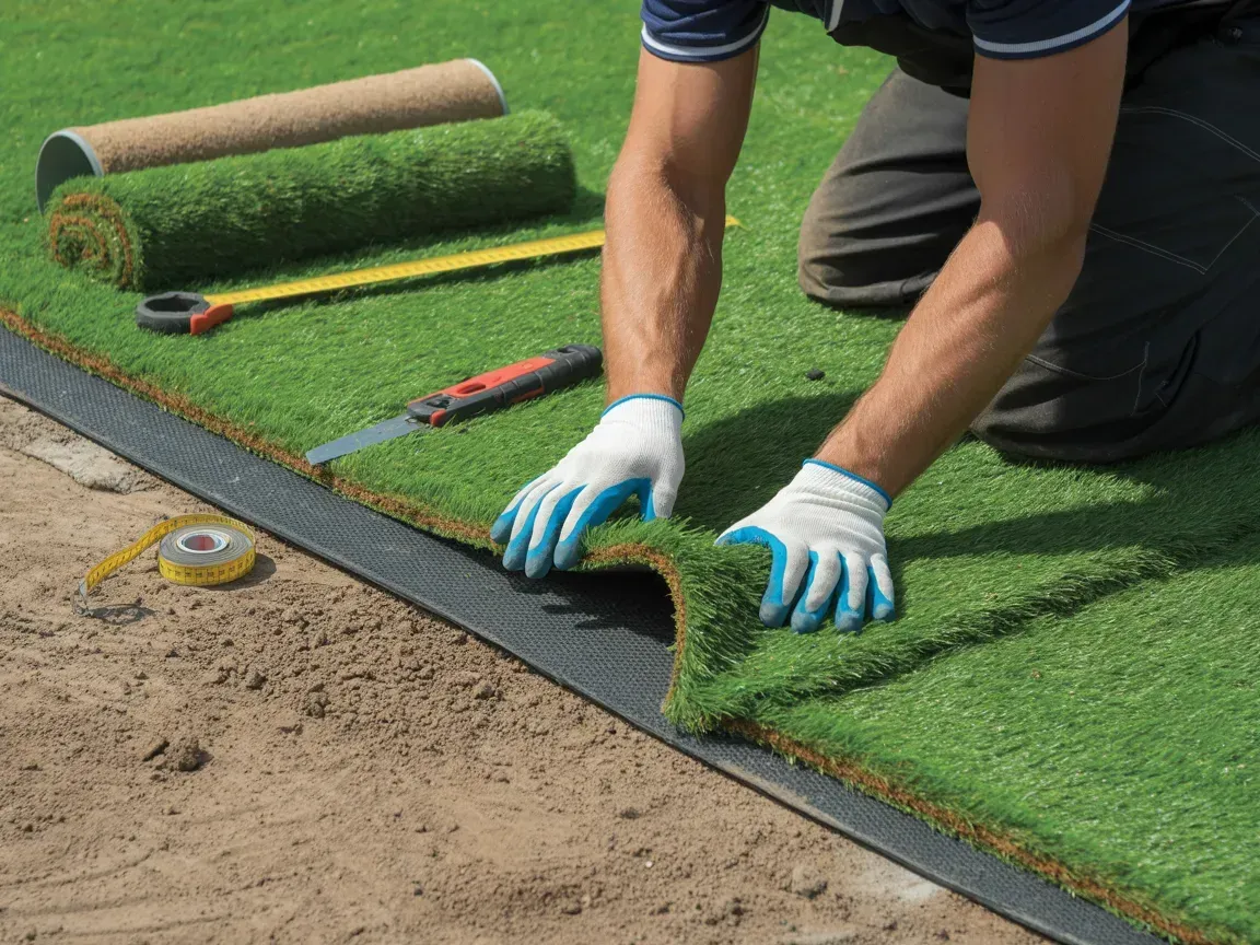 Man installing artificial turf on sandy ground, using gloves and tools.