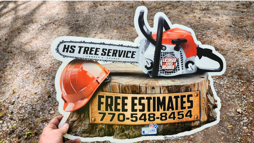 Advertisement for HS Tree Service: chainsaw, hard hat, and 
