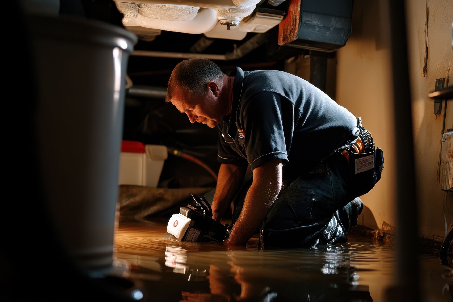 A man is kneeling in a flooded basement with a flashlight.