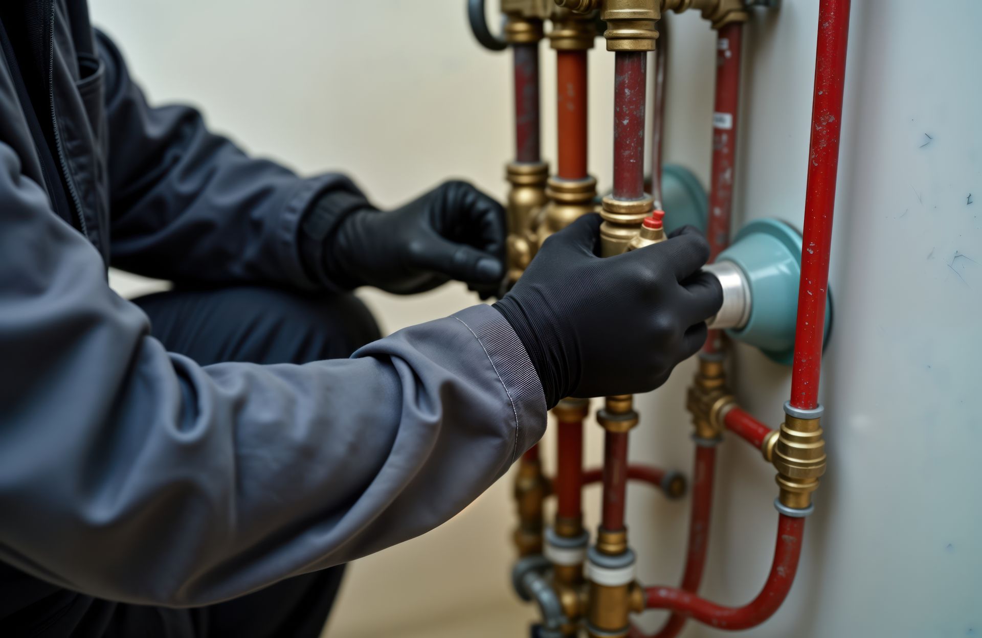 A man wearing black gloves is working on a water heater.