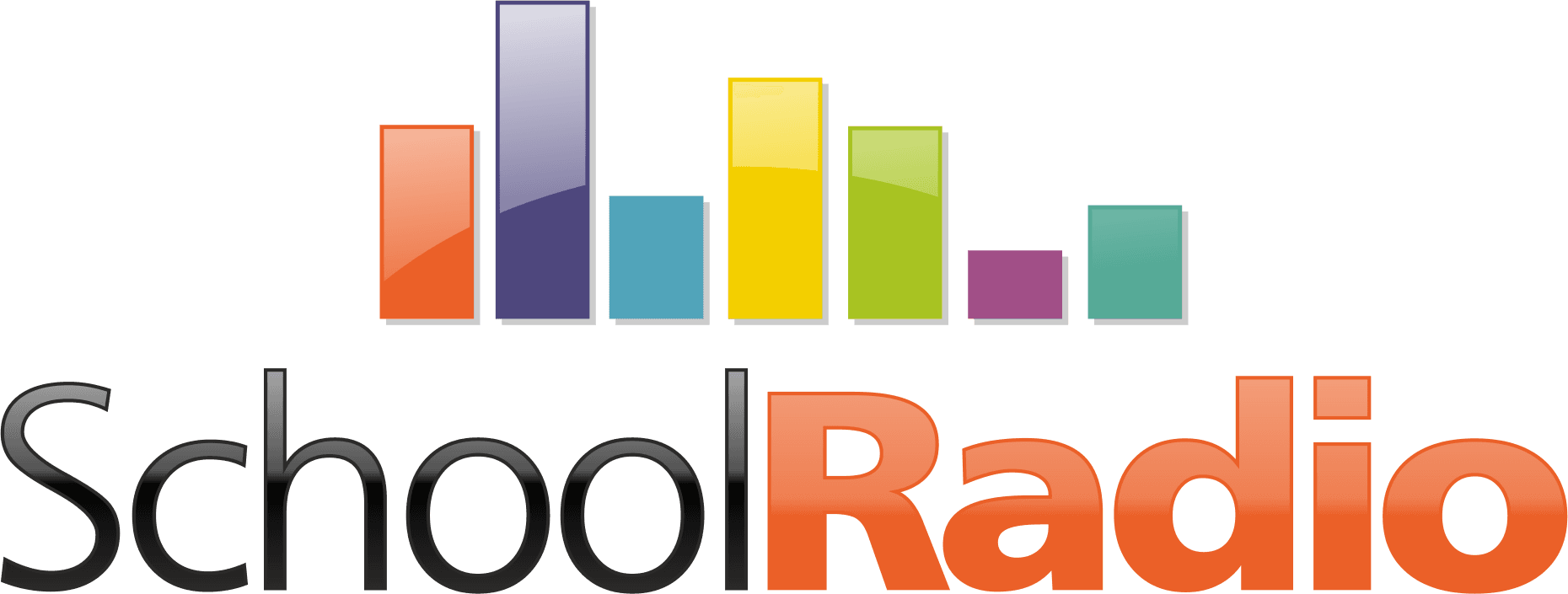 A logo for school radio with a rainbow of colors