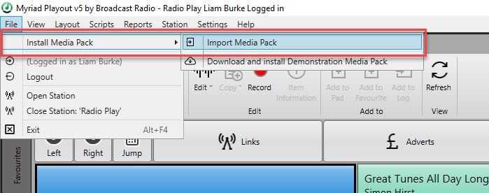 A computer screen shows a menu that says install media pack