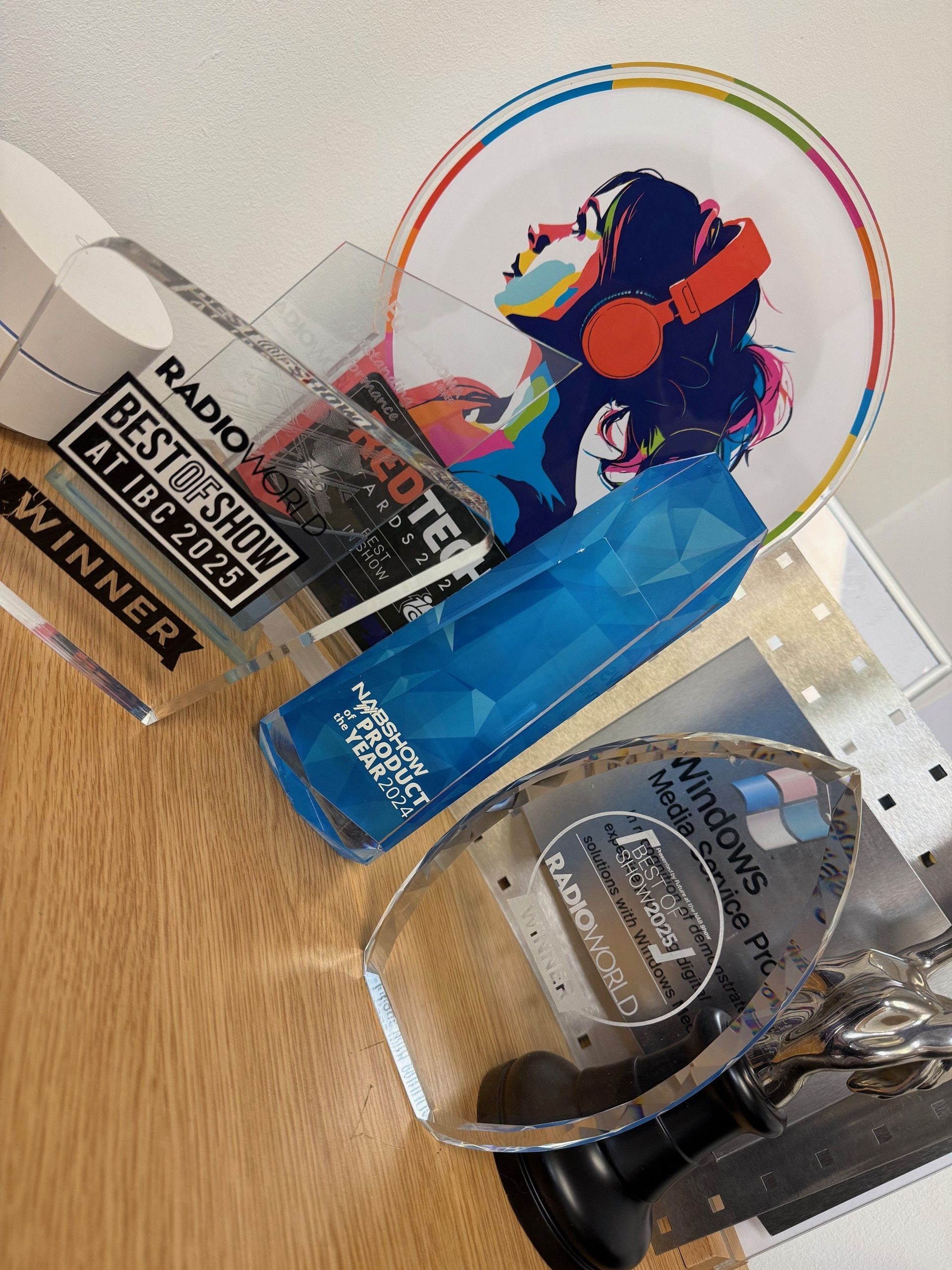 Prestigious broadcasting industry award trophy on display, recognizing innovation in radio broadcasting equipment and software.