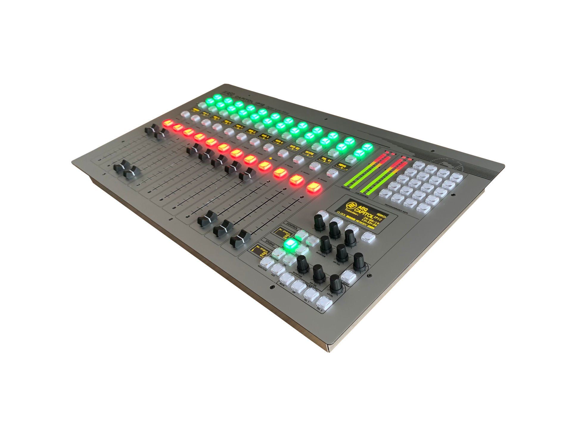 A mixer with a lot of buttons and knobs on it
