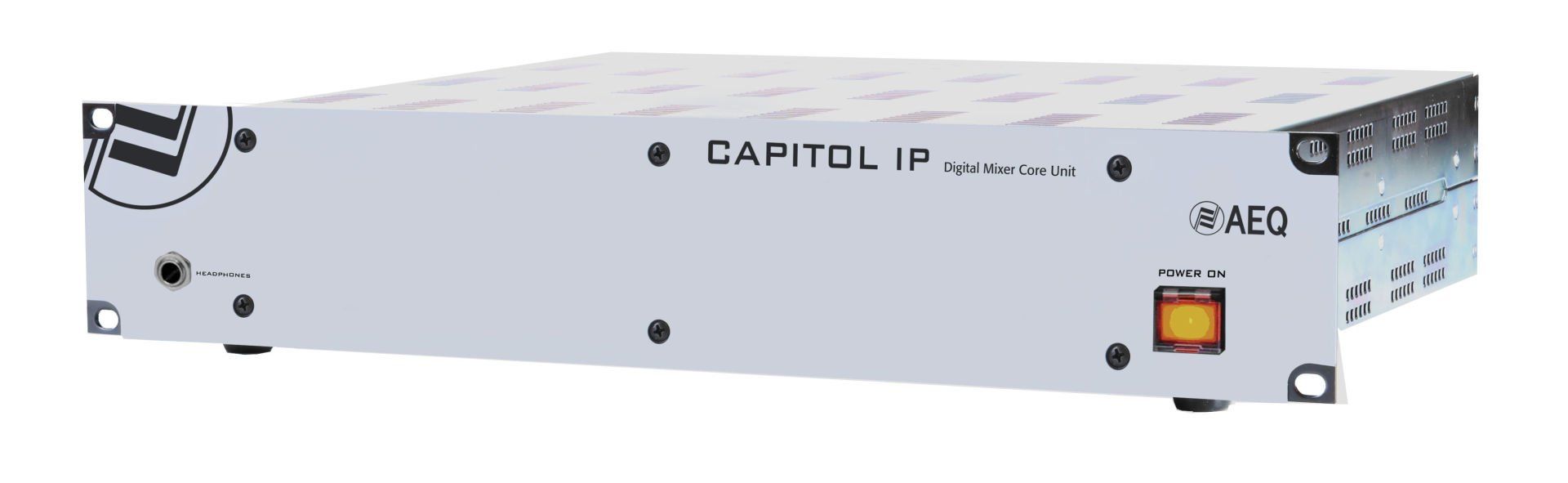 A white box with a yellow button on the side of it.