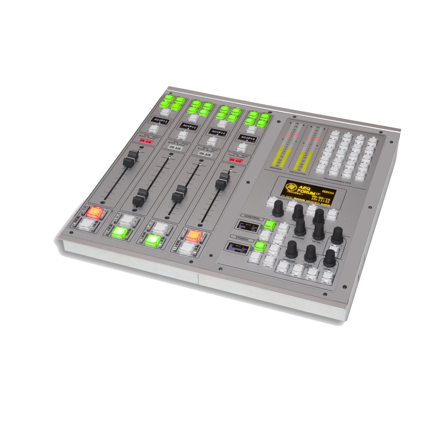 A mixer with a lot of knobs and buttons on a white background.