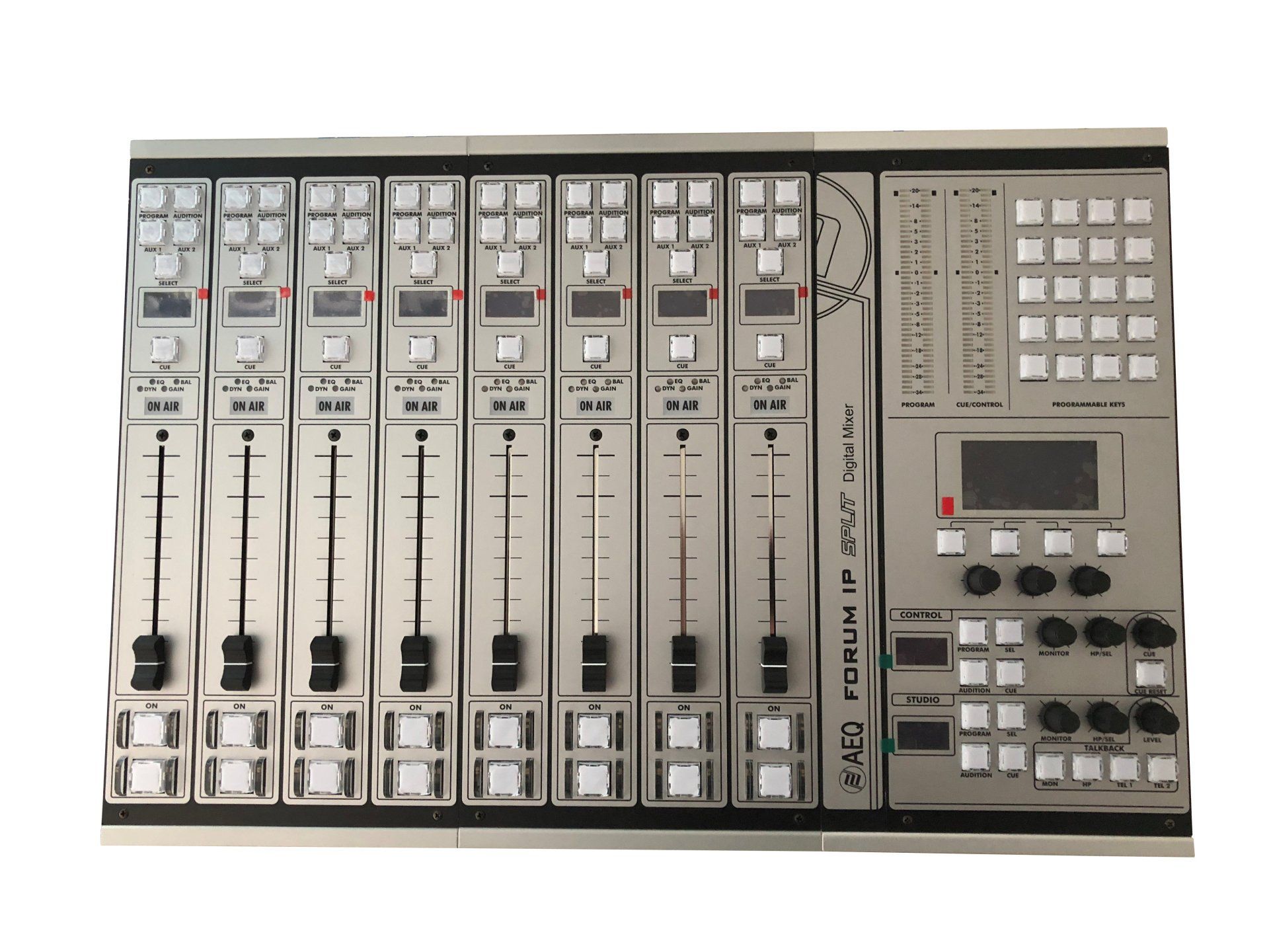 A silver mixer with a lot of buttons on it on a white background.