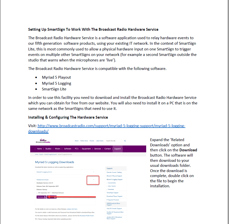 A screenshot of a page that says ' getting to smartsign to work with the broadcast radio hardware service '