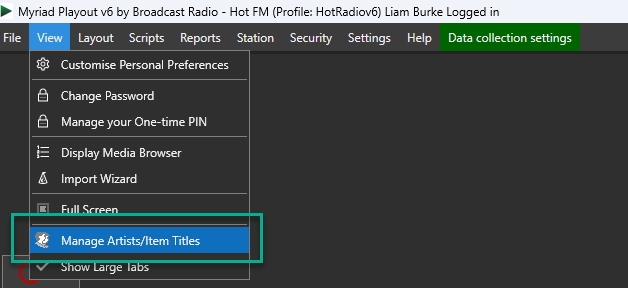 A computer screen shows a menu that says manage artist / item titles.