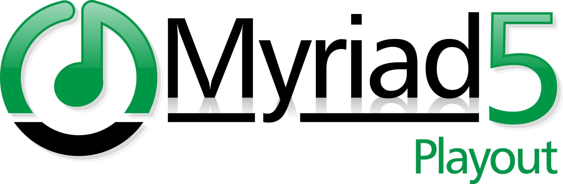 A green and black logo for myriad 5 playout