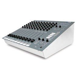 A mixer with a lot of knobs and buttons on a white background.