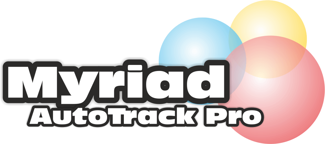 A logo for myriad autotrack pro with balloons in the background