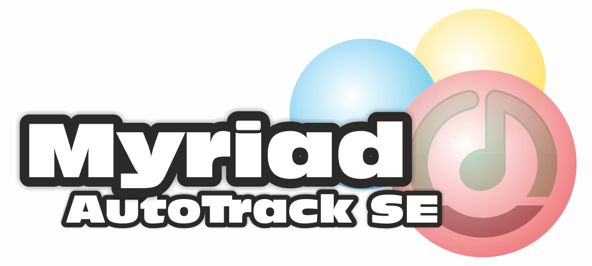 A logo for myriad autotrack se with three colorful balls