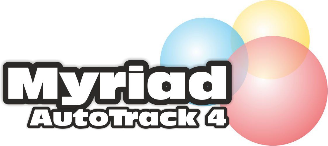 A logo for myriad autotrack 4 with balloons in the background