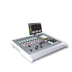 A mixer with a monitor attached to it on a white background.
