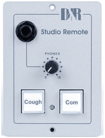 A studio remote with two buttons that say cough and com