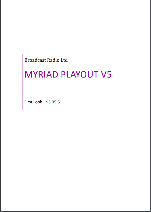 A white paper with purple text on it that says `` myriad playout v5 ''.