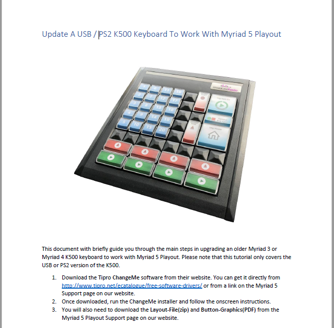 A page that says update a usb / ps2 c500 keyboard to work with myriad 5 layout