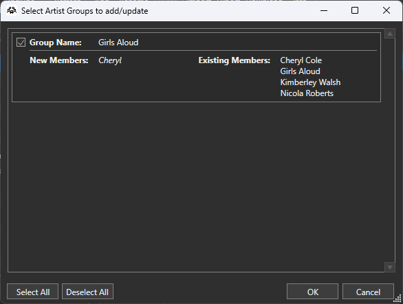 A screenshot of select artist groups to add / update