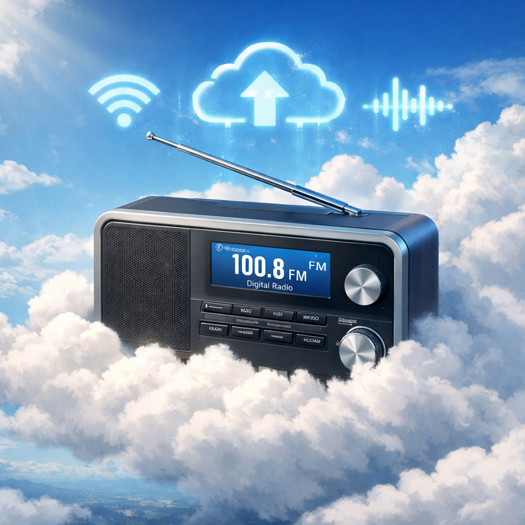Radio in clouds, with cloud upload icon, Wi-Fi symbol, and sound wave.