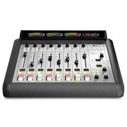A mixer with a bunch of knobs on it on a white background.