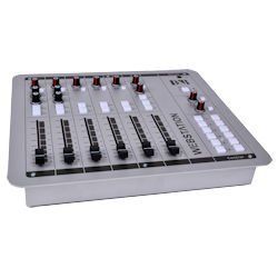 A mixer with a lot of knobs and buttons on it.
